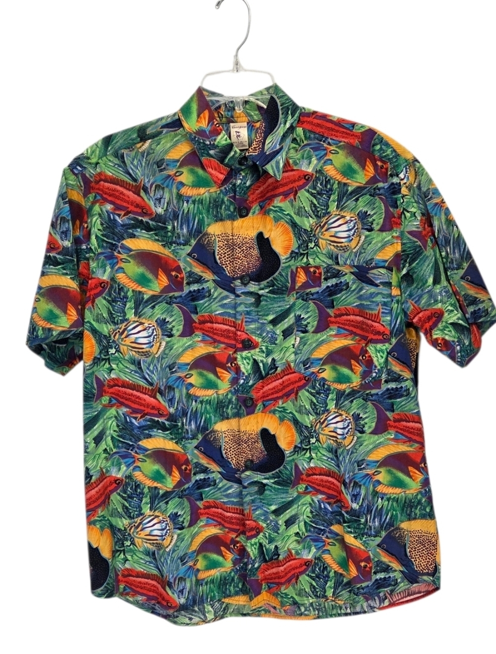 Vintage Lee's Aborigines Tropical Kitsch Fish Hawaiian Shirt Made In USA Large